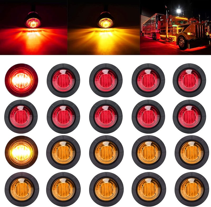 PSEQT 3/4 Inch Trailer Marker LED Lights, Side Clearance Indicators Tail Light Waterproof for Trailer Truck Car Bus Van Pickup RV Wrangler ATV UTV Boat(10pcs Red & 10pcs Amber) - Image 1